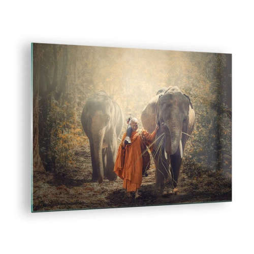Quadro em vidro - Um monge com dois elefantes em um cenário de floresta - 70x50cm - Compreensão completa - Decoração de parede moderna para a sala de estar e quarto ARTTOR