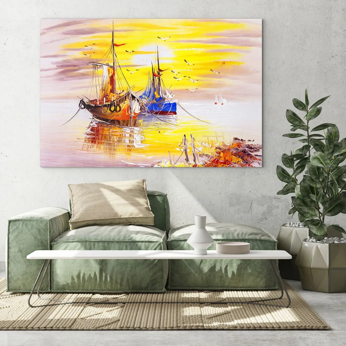 Quadro em vidro - Barcos de pesca ao pôr do sol em águas calmas - 70x50cm - Um merecido descanso no porto - Decoração de parede moderna para a sala de estar e quarto ARTTOR