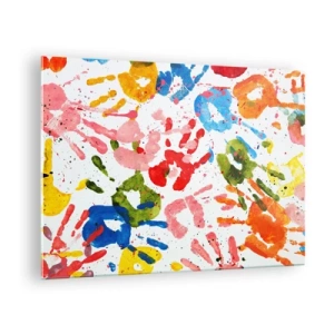 Quadro em vidro - Impressões de mãos coloridas em um fundo branco - 70x50cm - Siga os passos - Decoração de parede moderna para a sala de estar e quarto ARTTOR