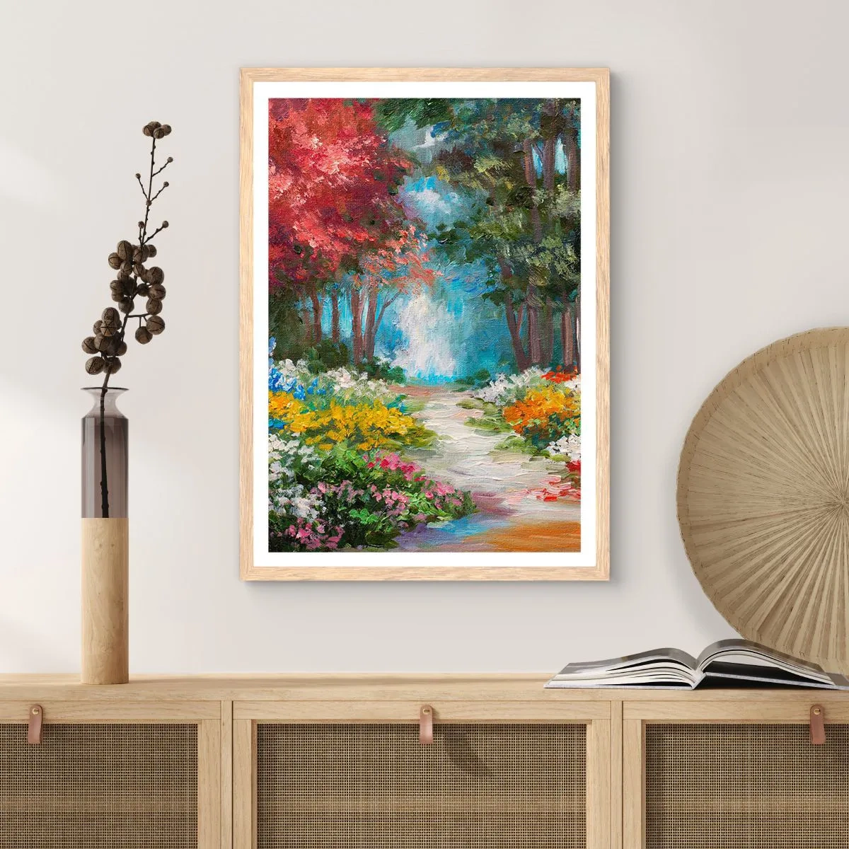 Pôster com moldura de carvalho claro - Jardim florestal, floresta florida - 50x70 cm
