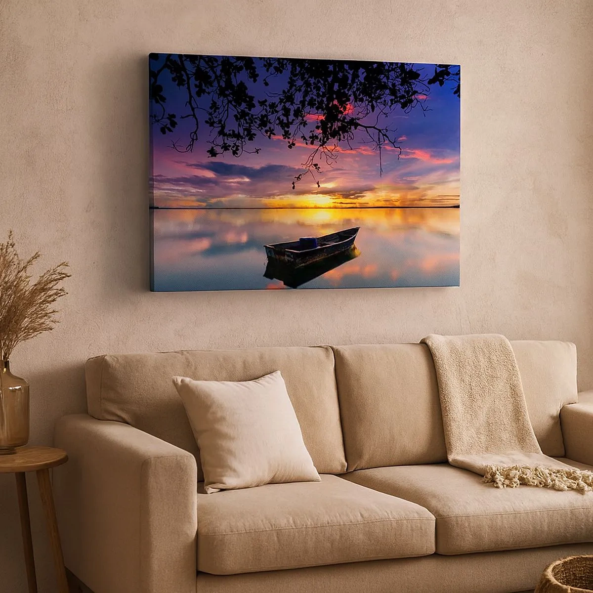 Quadro em tela - Um barco em águas calmas ao pôr do sol - 70x50cm - Parece que estás pendurado no meio do céu… - Decoração de parede moderna para a sala de estar e quarto ARTTOR