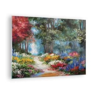 Quadro em vidro - Um jardim florestal colorido com flores desabrochando - 70x50cm - Jardim florestal, floresta florida - Decoração de parede moderna para a sala de estar e quarto ARTTOR