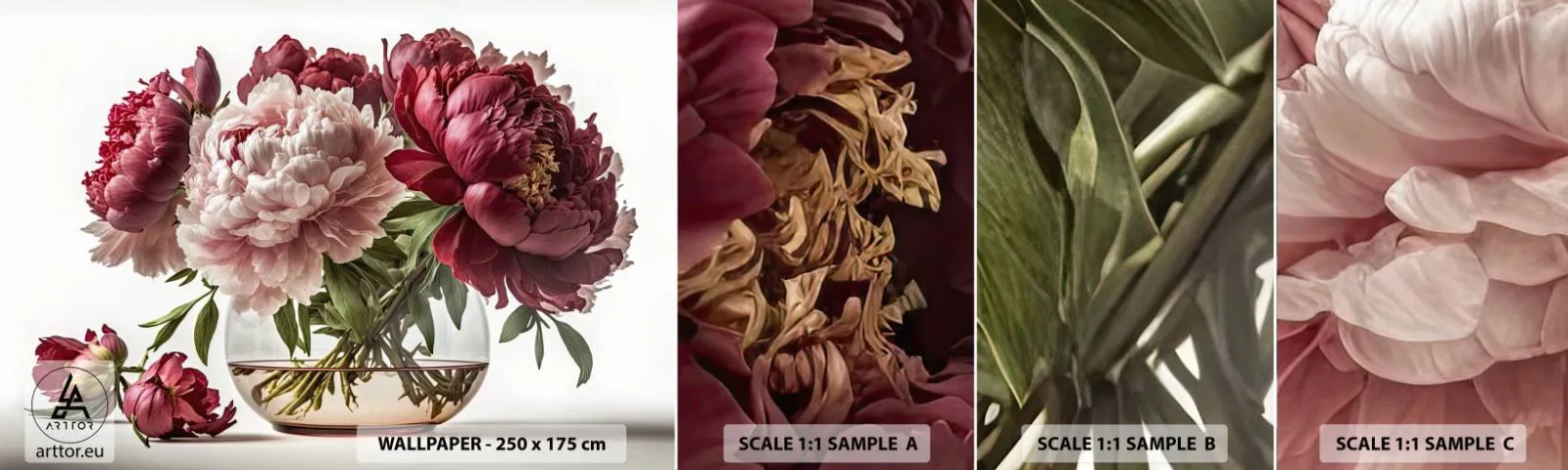 Amostra de Papel de Parede Standard Eco - Em plena floração de beleza - Buquê de flores, Vaso, Peônias - 100x30 cm