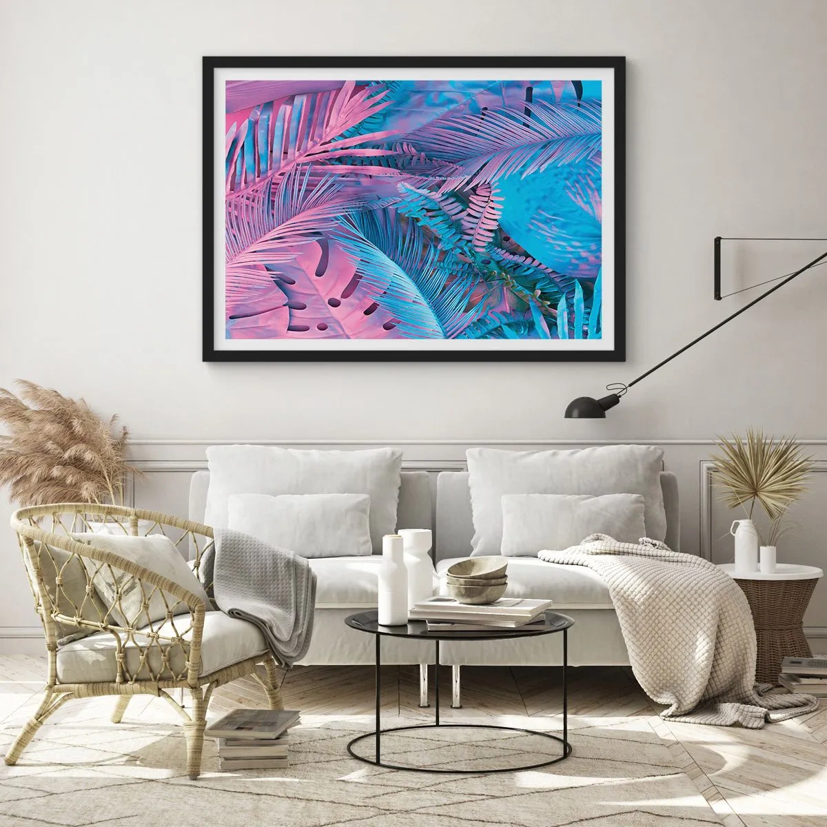 Pôster com moldura preta - Trópicos em rosa e azul - 50x40 cm