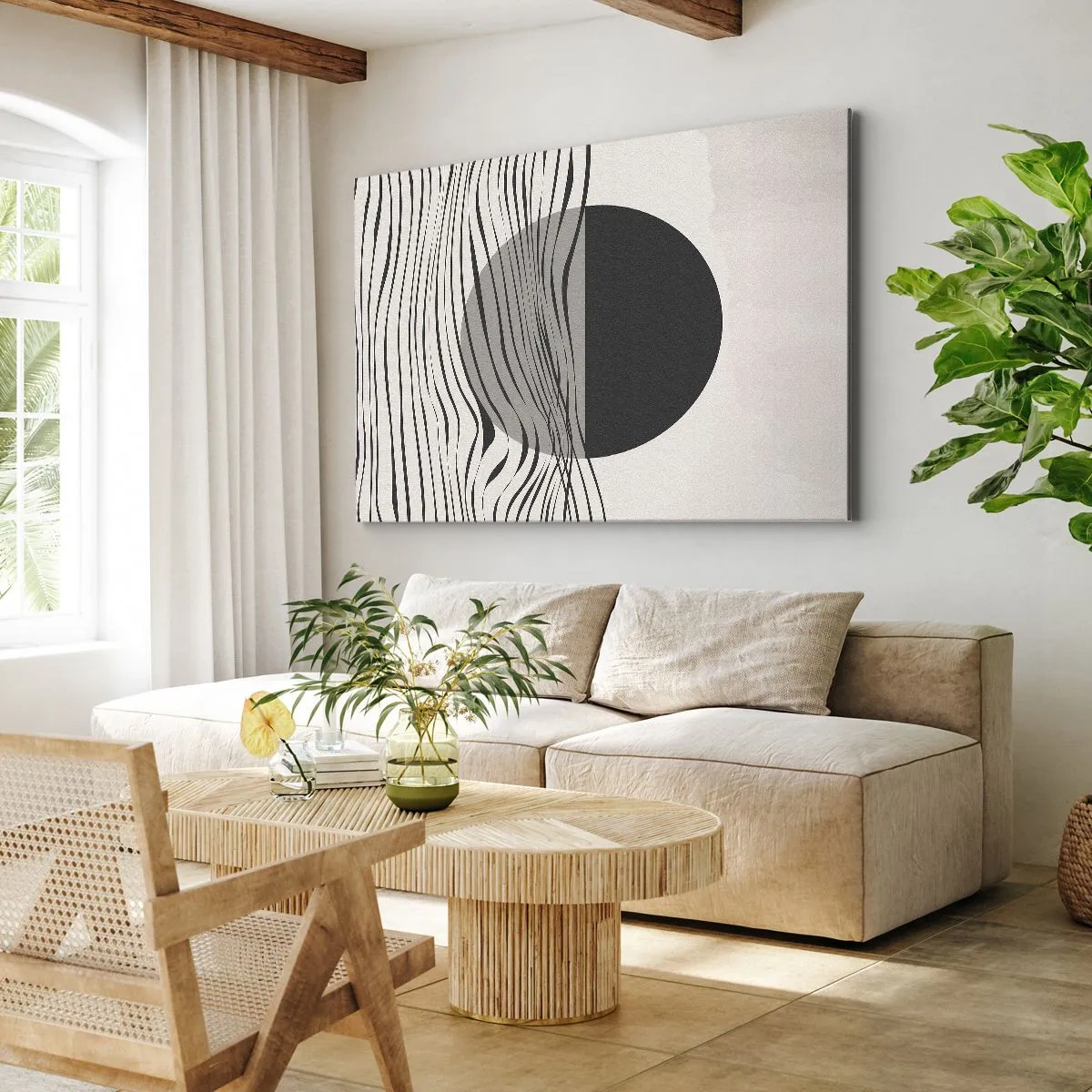 Quadro em tela - Linhas abstratas e formas geométricas em cores suaves - 70x50cm - Composição da metade - Decoração de parede moderna para a sala de estar e quarto ARTTOR
