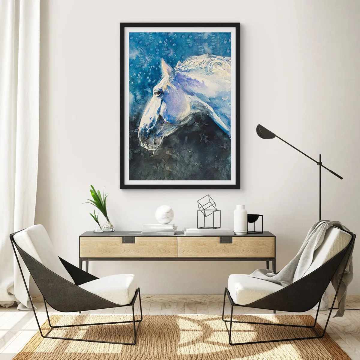 Pôster com moldura preta - Retrato com um brilho azul - 70x100 cm