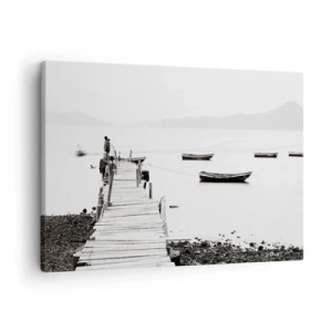 Quadro em tela - Píer de madeira e barcos em águas calmas - 70x50cm - Sobre água calma e límpida - Decoração de parede moderna para a sala de estar e quarto ARTTOR