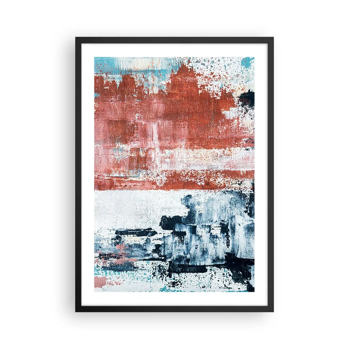 Pôster com moldura preta - Composição abstrata em tons de vermelho, branco e azul - 50x70cm - Meio a meio abstrato - Decoração de parede moderna para a sala de estar e quarto ARTTOR