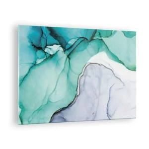 Quadro em vidro - Uma pintura abstrata em tons de turquesa e branco, com delicadas rachaduras. - 70x50cm - Estudo em turquesa - Decoração de parede moderna para a sala de estar e quarto ARTTOR