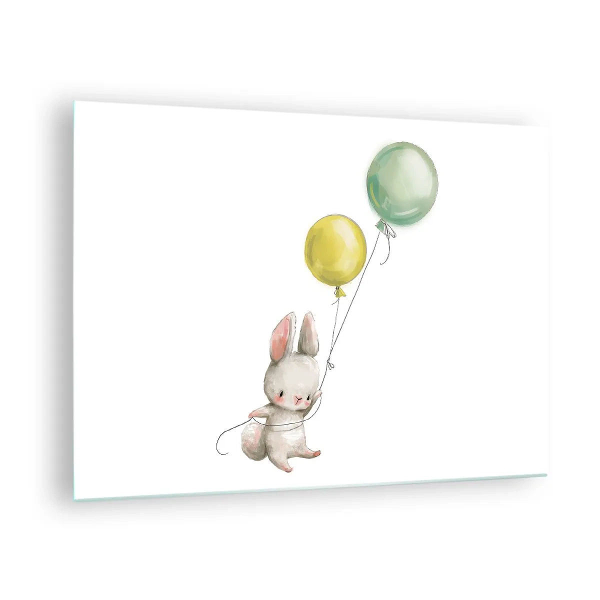 Quadro em vidro - Um coelho segurando dois balões - 70x50cm - Também quero voar! - Decoração de parede moderna para a sala de estar e quarto ARTTOR