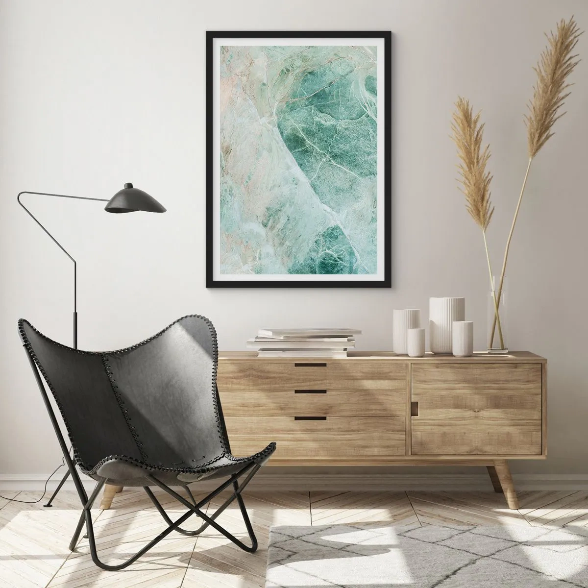 Pôster com moldura preta - Estrutura de mármore verde com delicados veios brancos - 50x70cm - A nobre frieza da pedra - Decoração de parede moderna para a sala de estar e quarto ARTTOR