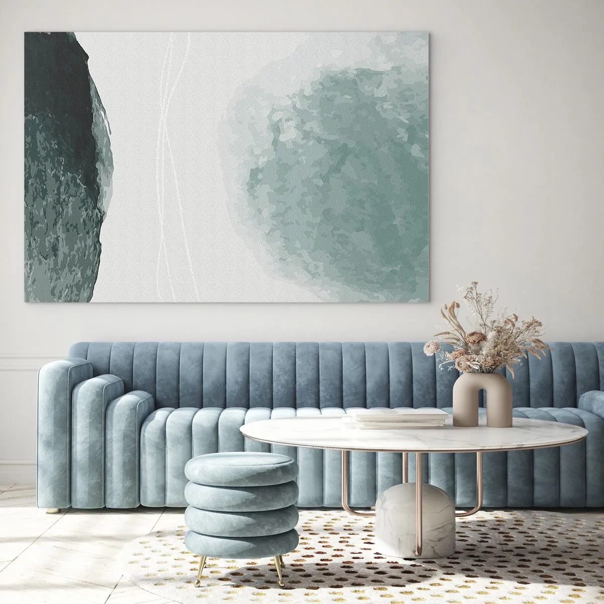 Quadro em vidro - Formas abstratas verdes em um fundo claro que lembra neblina - 70x50cm - Encontro com a neblina - Decoração de parede moderna para a sala de estar e quarto ARTTOR