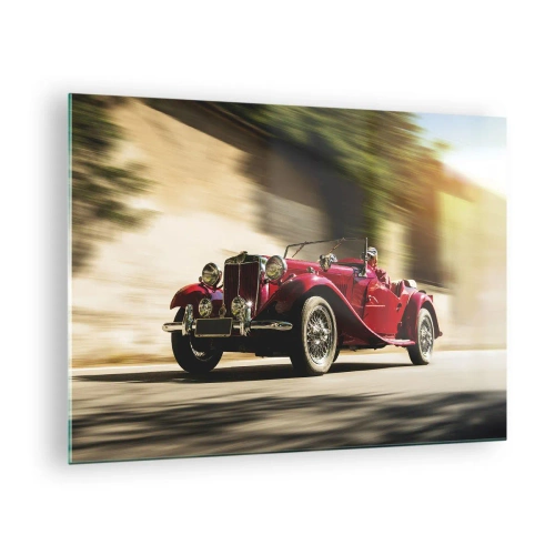 Quadro em vidro - Clássico conversível vermelho em movimento contra o fundo da rua e paisagem desfocada - 70x50cm - Mais bonita que a Vitória de Samotrácia - Decoração de parede moderna para a sala de estar e quarto ARTTOR