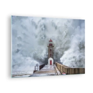 Quadro em vidro - Um farol é atingido por uma onda poderosa. - 70x50cm - O rugido das águas, o som do vento - Decoração de parede moderna para a sala de estar e quarto ARTTOR