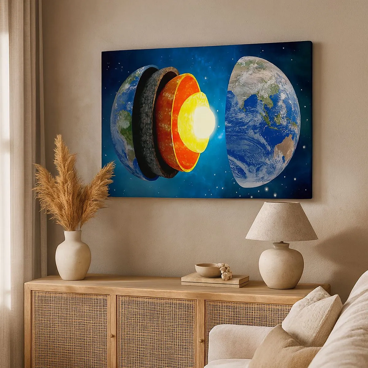 Quadro em tela - Um corte transversal da Terra mostrando suas camadas no espaço. - 70x50cm - Viagem ao centro da Terra - Decoração de parede moderna para a sala de estar e quarto ARTTOR