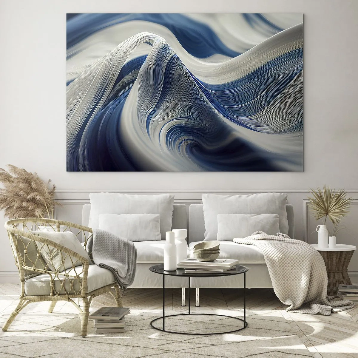 Quadro em vidro - Abstração dinâmica em tons de azul e branco - 70x50cm - A fluidez do azul e do branco - Decoração de parede moderna para a sala de estar e quarto ARTTOR