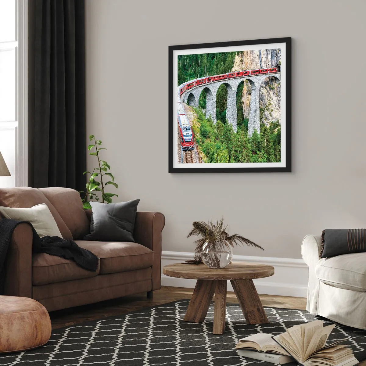 Pôster com moldura preta - Linha férrea com vista para a montanha - 50x50 cm