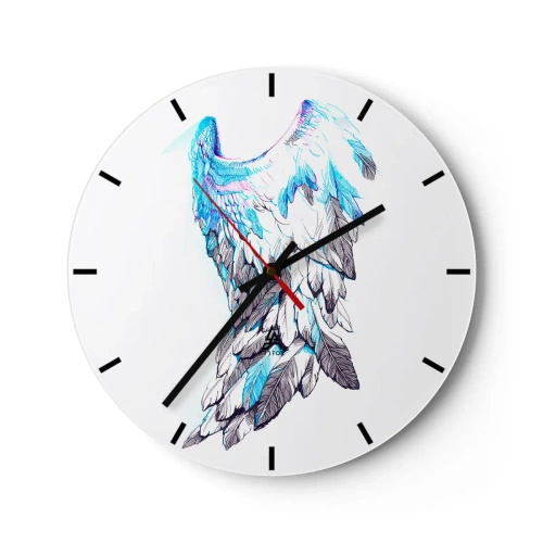 Relógio de parede - Relógio em vidro - Asa artística em tons de azul e branco sobre fundo branco - 30x30cm - Preciso de asas - Decoração de parede moderna para a sala de estar, cozinha e quarto ARTTOR