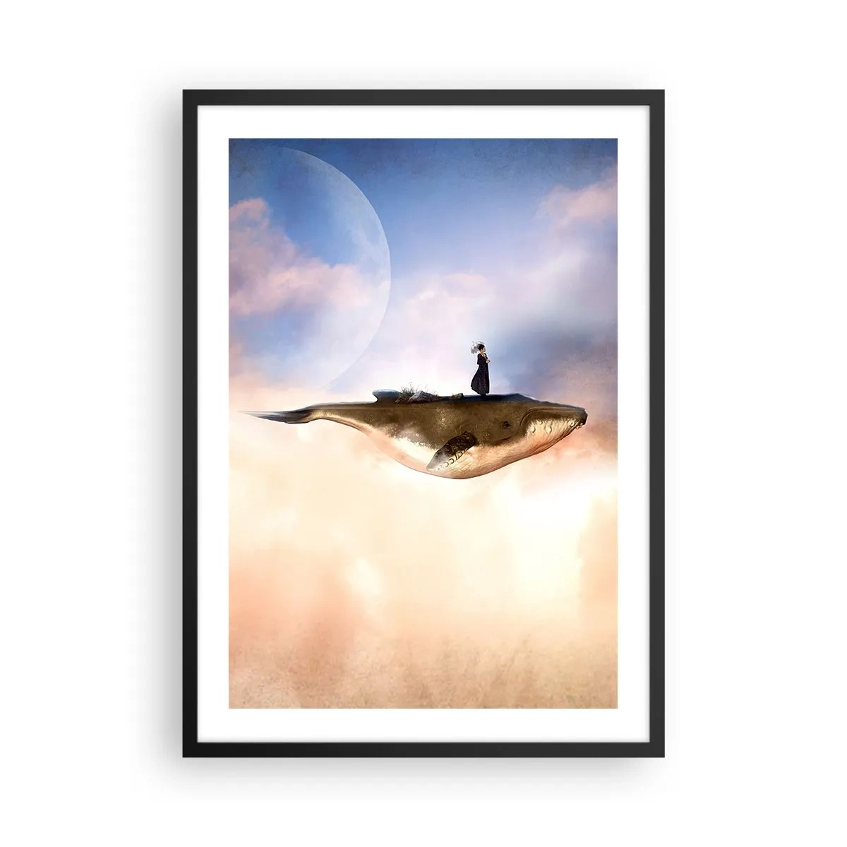 Pôster com moldura preta - Uma pintura surreal de uma mulher cavalgando uma baleia entre as nuvens. - 50x70cm - Uma viagem surreal - Decoração de parede moderna para a sala de estar e quarto ARTTOR