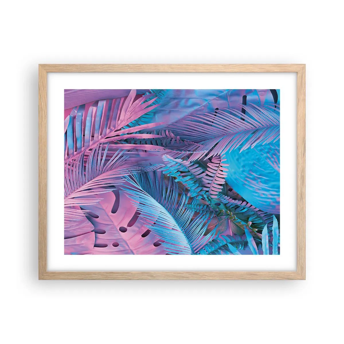 Pôster com moldura de carvalho claro - Trópicos em rosa e azul - 50x40 cm
