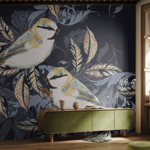 Papel de Parede Standard Eco - Canto amarelo-azul - Abstração, Pássaros, Folhas - 400x280 cm