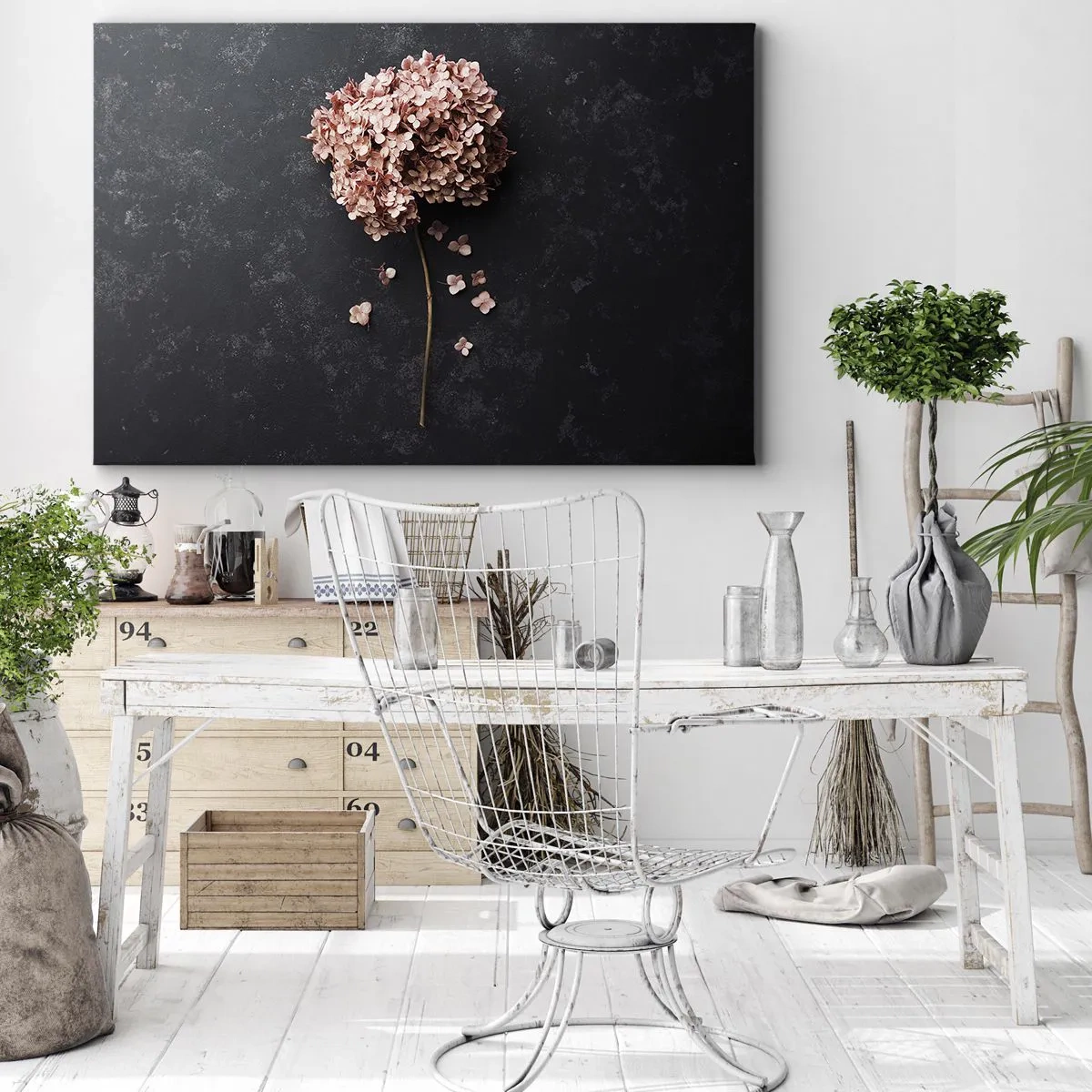 Quadro em tela - Uma delicada flor de hortênsia em um fundo escuro - 70x50cm - Um sinal verdadeiramente romântico - Decoração de parede moderna para a sala de estar e quarto ARTTOR