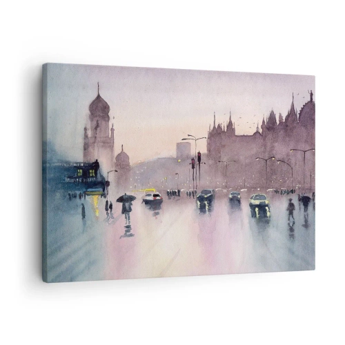 Quadro em tela - Uma rua da cidade ao entardecer em estilo aquarela - 70x50cm - Na névoa chuvosa - Decoração de parede moderna para a sala de estar e quarto ARTTOR