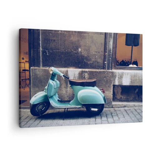 Quadro em tela - Uma scooter retrô estacionada contra um muro de pedra - 70x50cm - Ambiente inesquecível - Decoração de parede moderna para a sala de estar e quarto ARTTOR