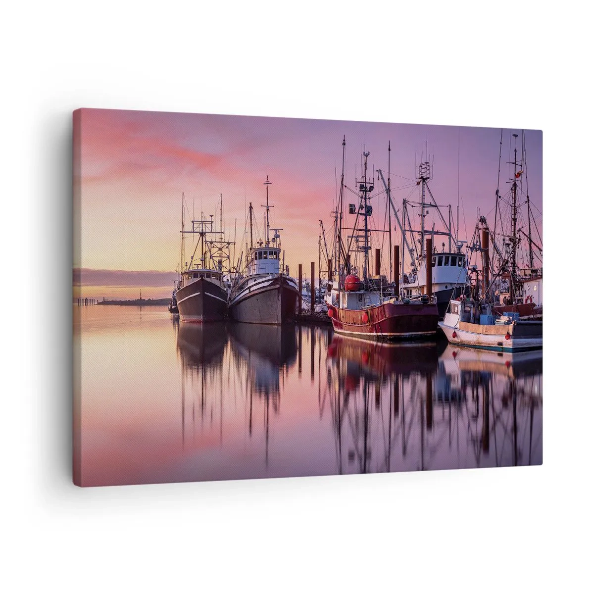 Quadro em tela - Barcos de pesca no porto ao pôr do sol - 70x50cm - Antes do dia seguinte - Decoração de parede moderna para a sala de estar e quarto ARTTOR