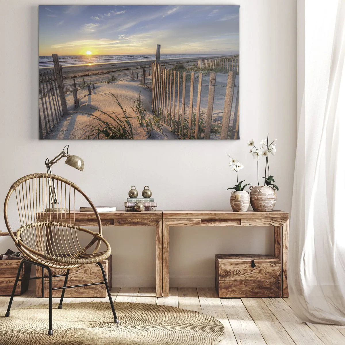 Quadro em tela - Praia do pôr do sol com cerca de madeira - 70x50cm - Brilho e sombra do vento - Decoração de parede moderna para a sala de estar e quarto ARTTOR