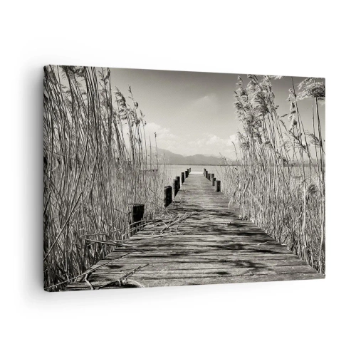 Quadro em tela - Um cais de madeira entre ervas altas sobre um lago em tons de sépia - 70x50cm - No silêncio da relva - Decoração de parede moderna para a sala de estar e quarto ARTTOR