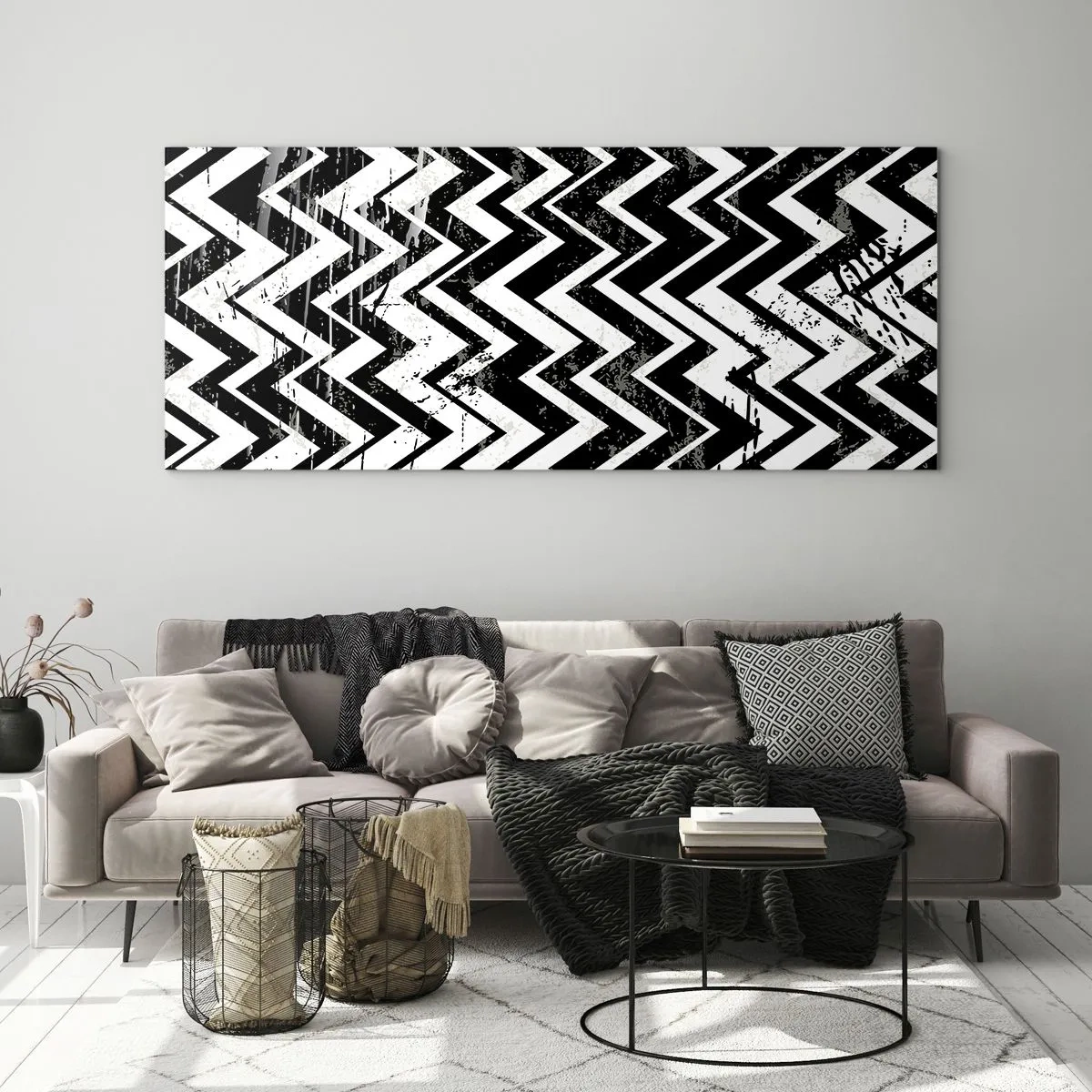 Quadro em vidro - Zig-branco, zag-preto - 160x50 cm