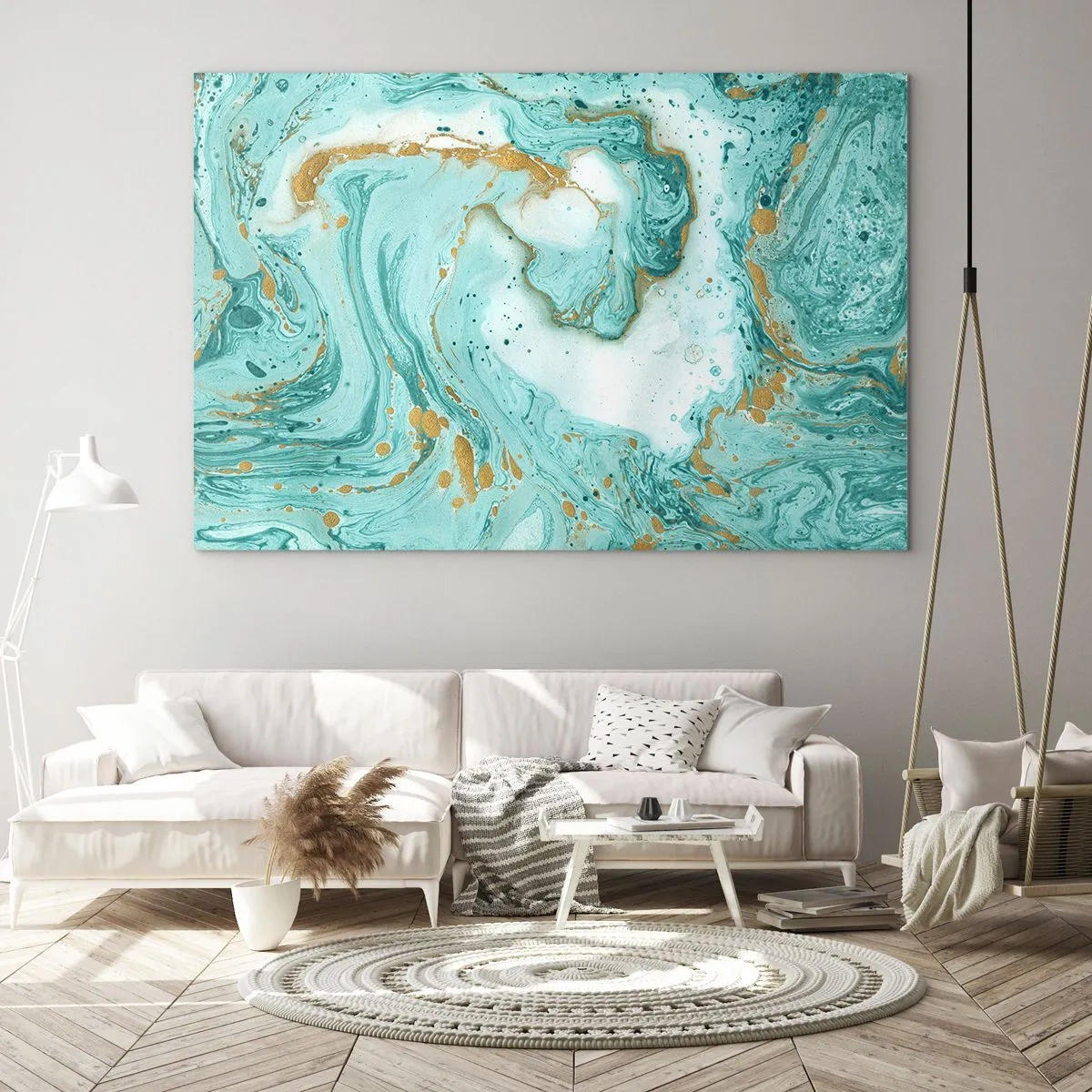 Quadro em vidro - Padrão de mármore turquesa e dourado - 70x50cm - Sob a grande onda do período Edo - Decoração de parede moderna para a sala de estar e quarto ARTTOR