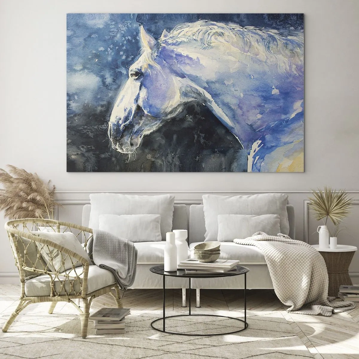 Quadro em vidro - Retrato em aquarela de um cavalo em tons de azul - 70x50cm - Retrato com um brilho azul - Decoração de parede moderna para a sala de estar e quarto ARTTOR