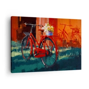 Quadro em tela - Uma bicicleta vermelha com flores contra uma parede laranja - 70x50cm - Quero andar de bicicleta - Decoração de parede moderna para a sala de estar e quarto ARTTOR