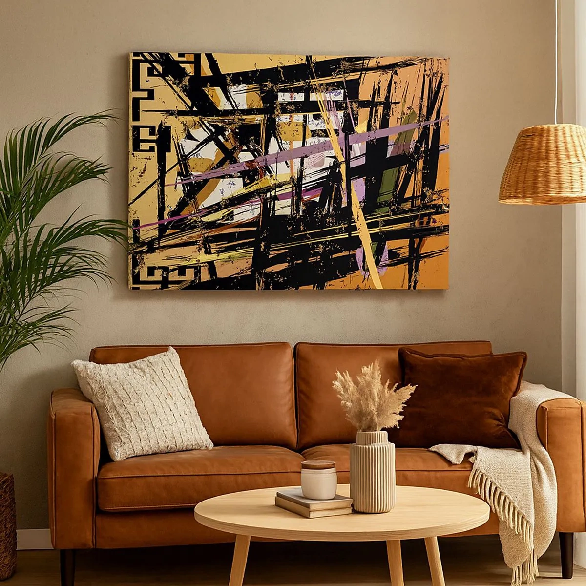 Quadro em tela - Linhas e formas abstratas em um fundo bege - 70x50cm - Corte afiado - Decoração de parede moderna para a sala de estar e quarto ARTTOR