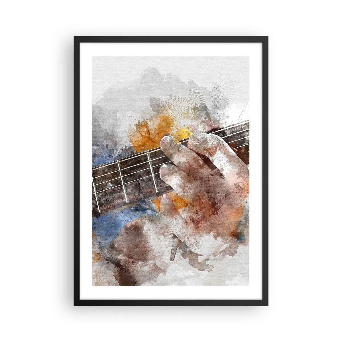 Pôster com moldura preta - Mão artística tocando violão em estilo aquarela - 50x70cm - Poesia entre as cordas - Decoração de parede moderna para a sala de estar e quarto ARTTOR