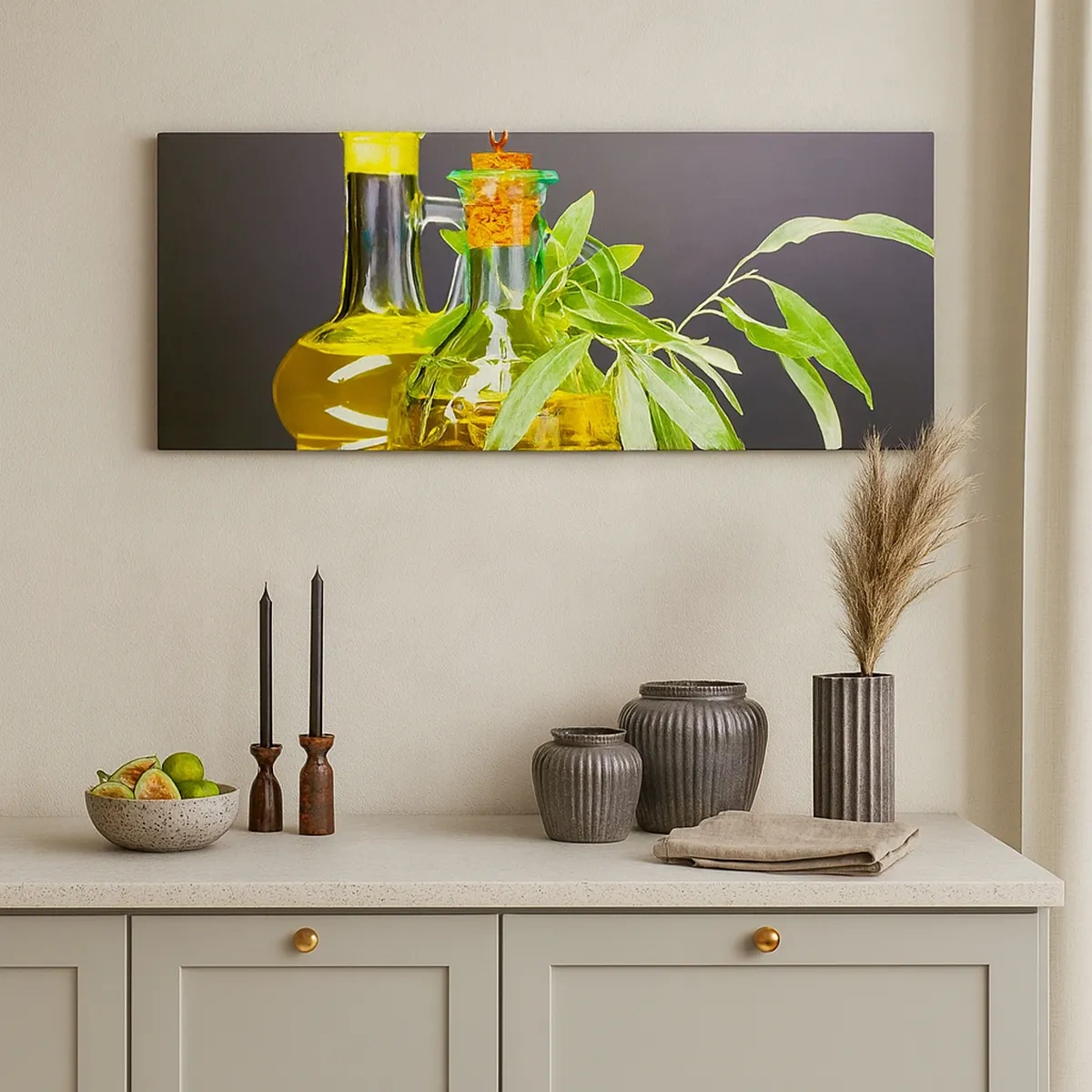 Quadro em tela - Natureza morta com azeitonas e azeite - 30x30 cm