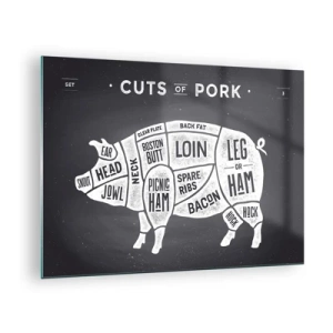 Quadro em vidro - Diagrama de cortes de carne de porco em um quadro negro - 70x50cm - Cartilha do talhante - Decoração de parede moderna para a sala de estar e quarto ARTTOR