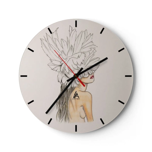 Relógio de parede - Relógio em vidro - Retrato de uma mulher com uma pluma cobrindo os olhos - 30x30cm - Beleza coroada - Decoração de parede moderna para a sala de estar, cozinha e quarto ARTTOR