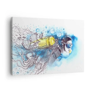 Quadro em tela - Cena subaquática com um mergulhador e peixes exóticos - 70x50cm - Azul Infinito - Decoração de parede moderna para a sala de estar e quarto ARTTOR