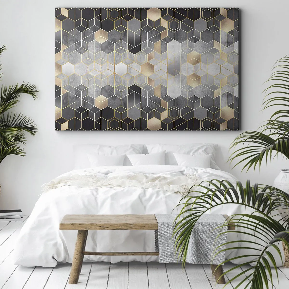 Quadro em tela - Padrão geométrico em tons dourados - 70x50cm - Composição do diamante - Decoração de parede moderna para a sala de estar e quarto ARTTOR