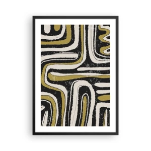 Pôster com moldura preta - Abstração geométrica em preto, bege e dourado - 50x70cm - Composição: estradas e becos - Decoração de parede moderna para a sala de estar e quarto ARTTOR