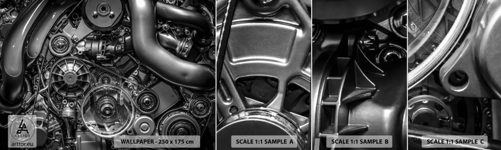 Amostra de papel de parede autocolante Deluxe Sticker - A poesia da mecánica - Motor, Mecânico, Metal - 100x30 cm