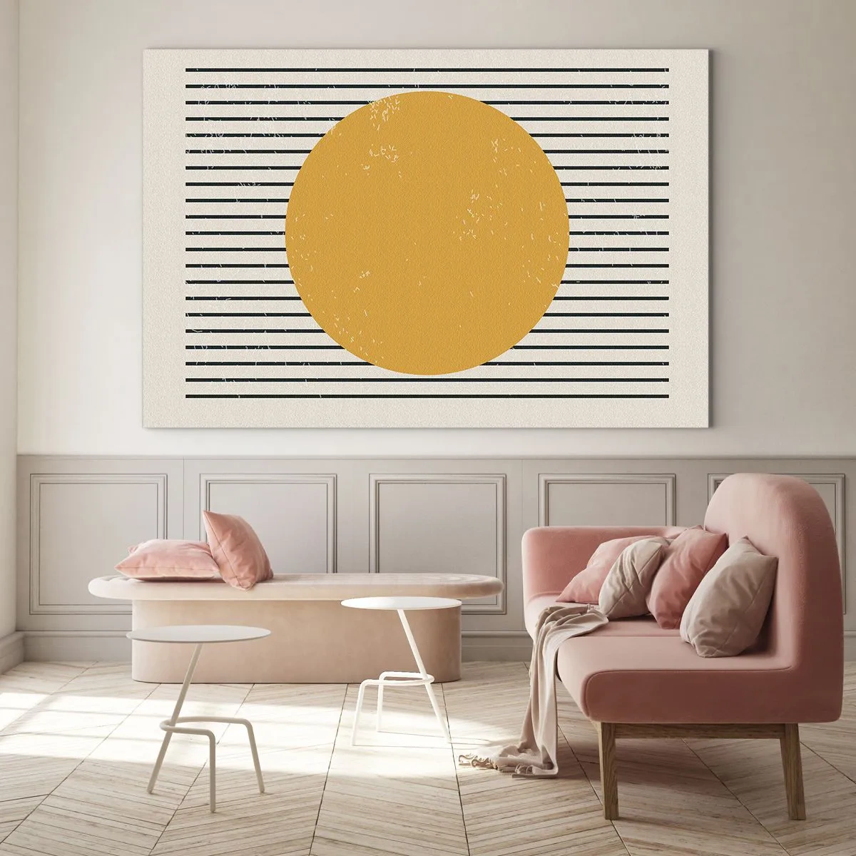 Quadro em vidro - Um círculo laranja sobre um fundo de linhas pretas horizontais em um fundo bege. - 70x50cm - O poder da simplicidade - Decoração de parede moderna para a sala de estar e quarto ARTTOR