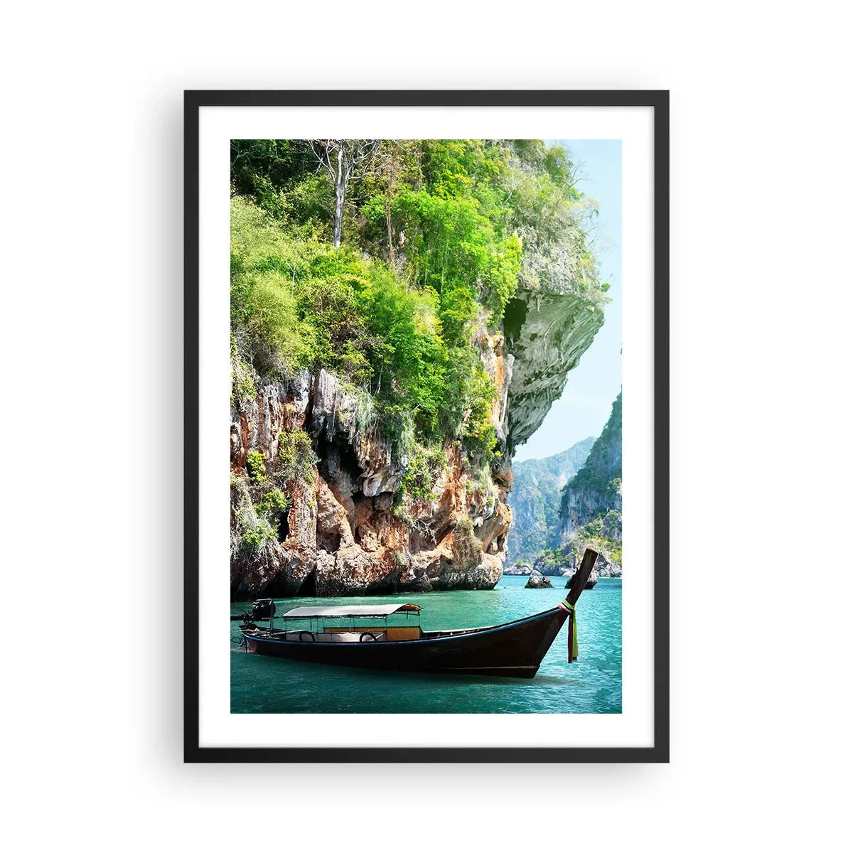 Pôster com moldura preta - Um barco tradicional com um cenário de rochas pitorescas e vegetação - 50x70cm - Um convite para uma viagem exótica - Decoração de parede moderna para a sala de estar e quarto ARTTOR