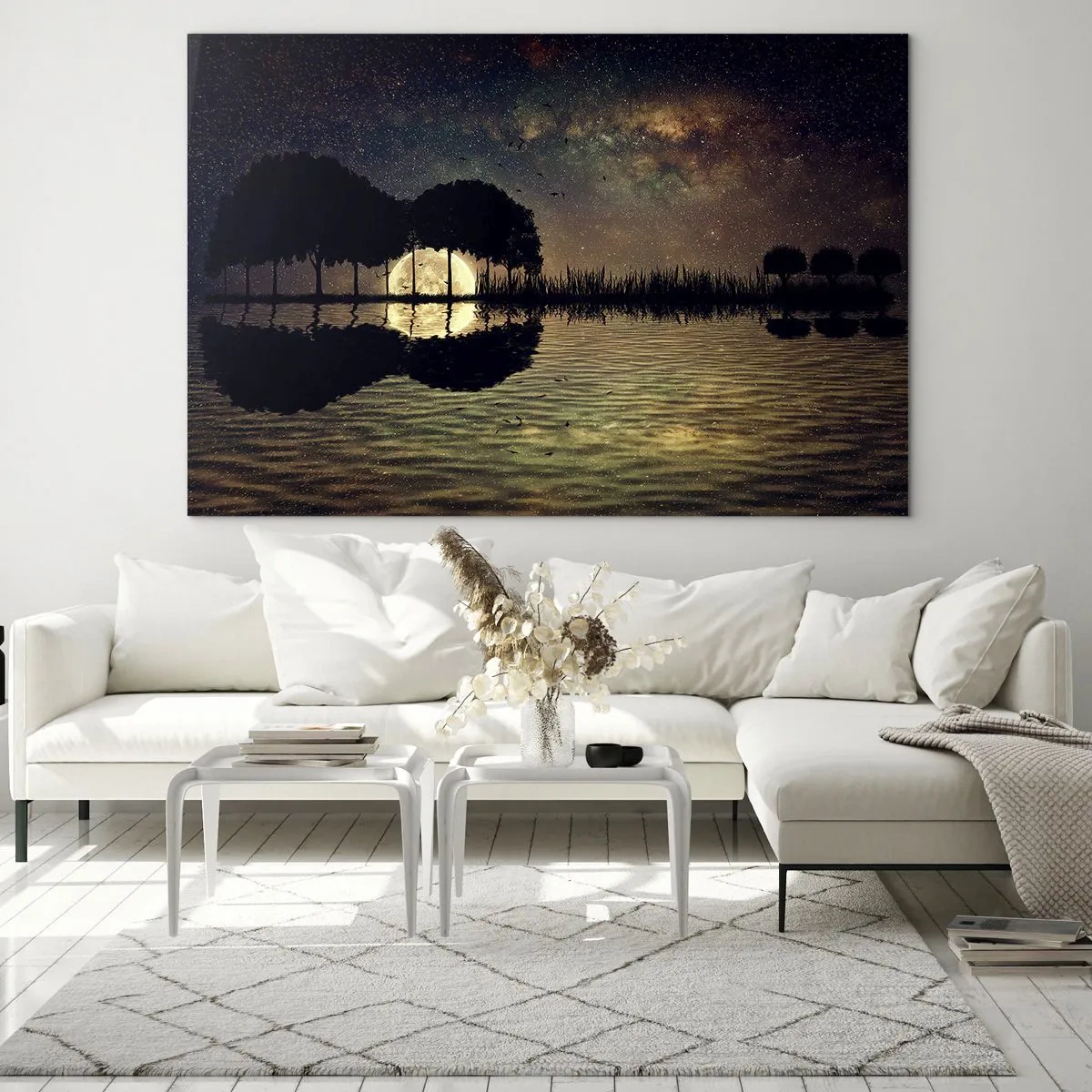 Quadro em vidro - Cena noturna com lua cheia refletida na água - 70x50cm - Uma noite no Fim do Mundo - Decoração de parede moderna para a sala de estar e quarto ARTTOR
