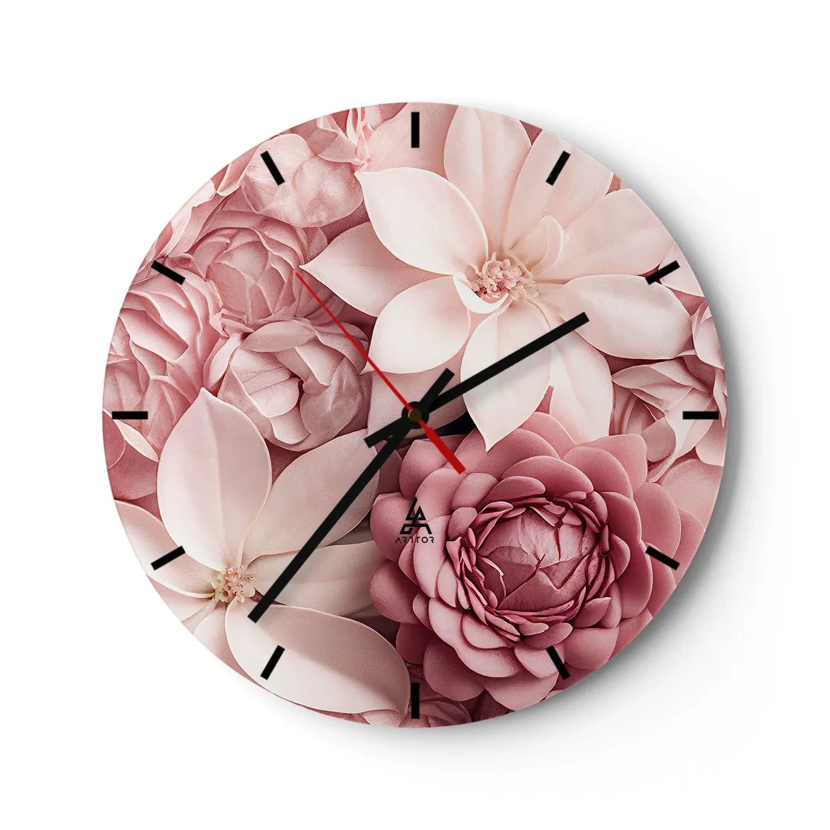 Relógio de parede - Relógio em vidro - Uma composição de flores rosas de vários tons e formas - 30x30cm - Em pétalas rosa - Decoração de parede moderna para a sala de estar, cozinha e quarto ARTTOR