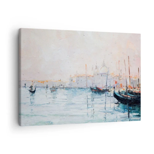 Quadro em tela - Vista pitoresca dos canais com barcos em tons pastéis - 70x50cm - Além da água, atrás do nevoeiro - Decoração de parede moderna para a sala de estar e quarto ARTTOR