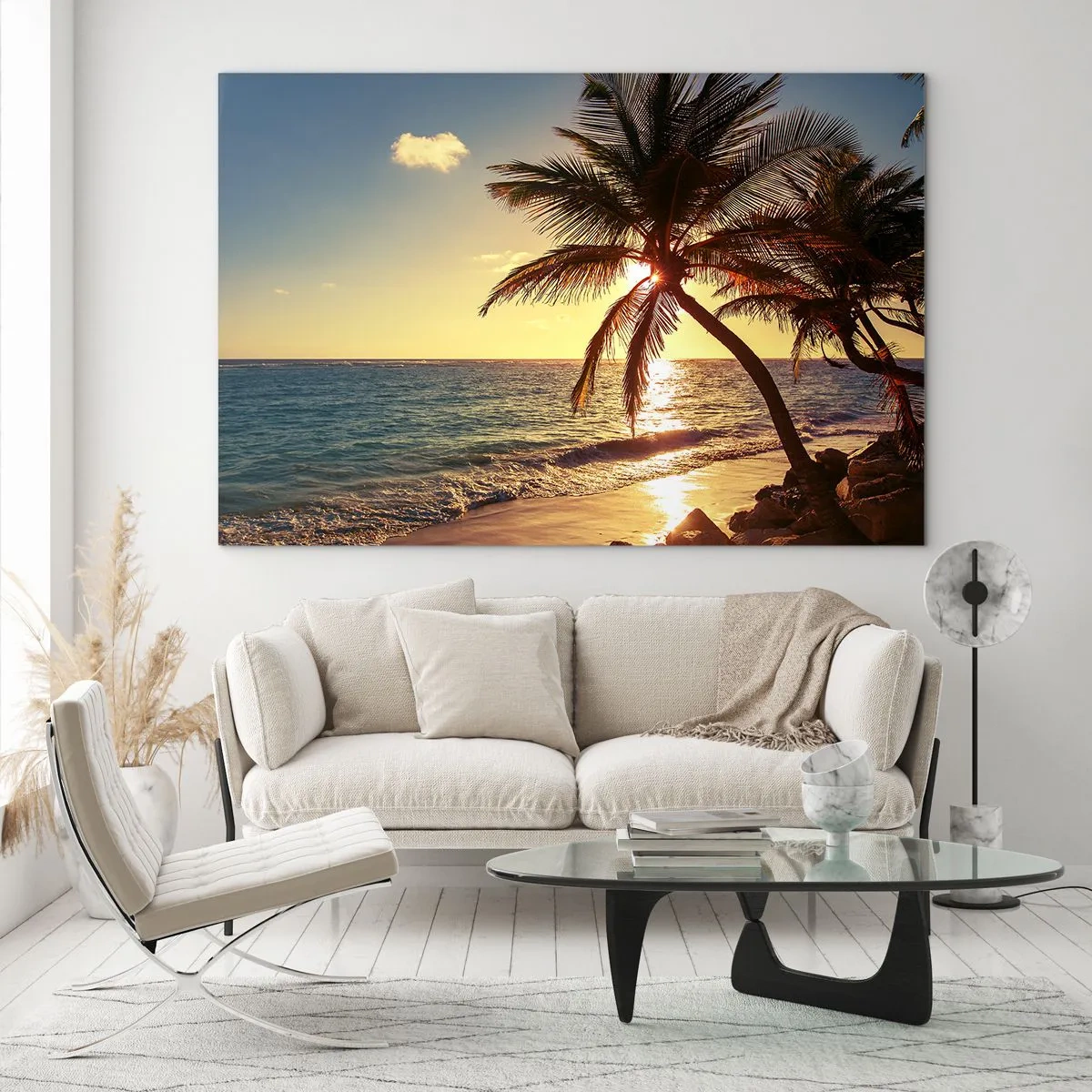 Quadro em vidro - Praia tropical com palmeiras à luz do pôr do sol - 70x50cm - Verão sob as palmeiras - Decoração de parede moderna para a sala de estar e quarto ARTTOR